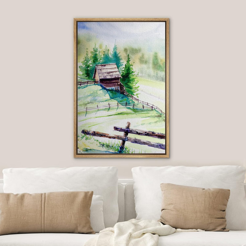 Paysage de forêt boisée «Spring Log Cabin Farm Pastel Forest» sur toile, Cadre naturel flottant, H 24 po x l 16 po
