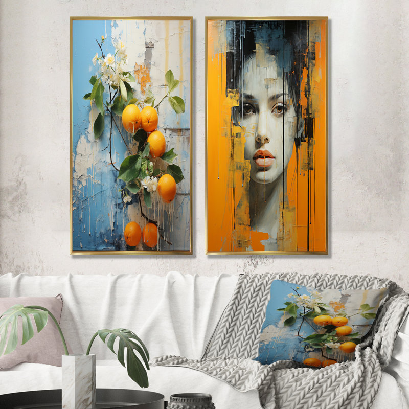 Tangerine Tapestry Orange Fruit - Fruits Canvas Prints Set Of 2, 32" H x 33" W, Gold Framed