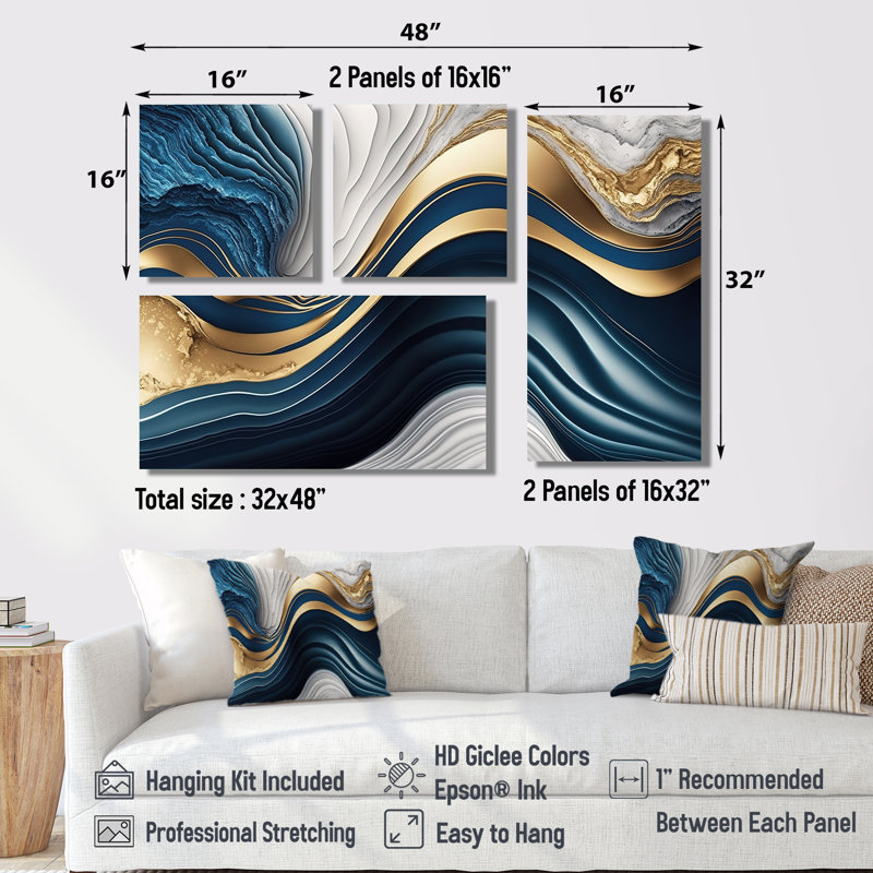 Géode abstraite vagues bleues I - Art mural abstrait grand 4 pièces, Noir, Reproduction encadrée sans passe-partout