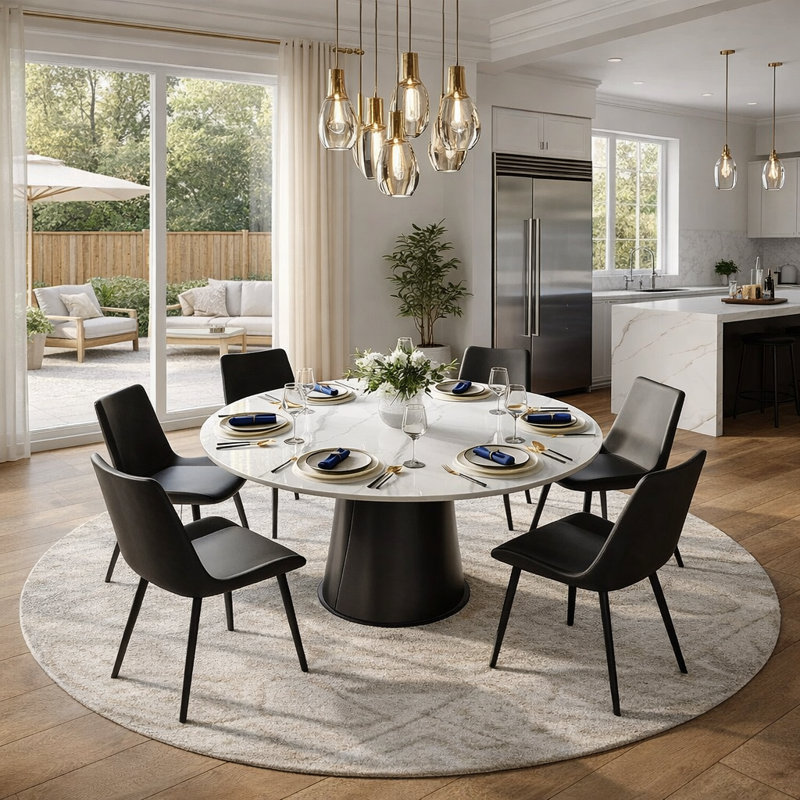 Table de salle à manger 59 po Vera, H 29,53 po x L 59,06 po x l 59,06 po, Blanc lustré, Noir