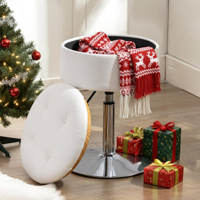 Tabouret de coiffeuse pivotant à 360 ° pour salle de maquillage, tabouret réglable en hauteur pour meuble-lavabo avec rangement, petit similicuir blanc pour salle de bain, salon
