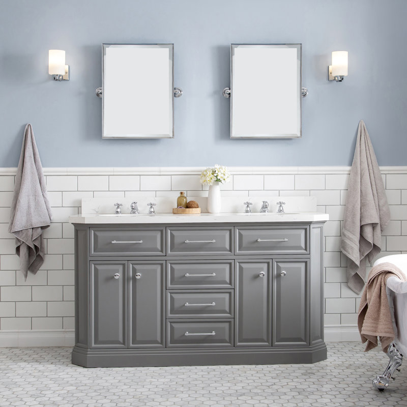 Bruning 60" Carrara Engineered Marble Countertop Bath Vanity with Mirror, Cashmere Gray