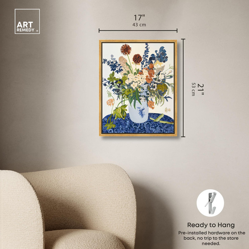Dahlia Dream in Delft Blue Canvas Modern Farmhouse by Art Remedy, Gold Floater Framed, 21" H x 17" W