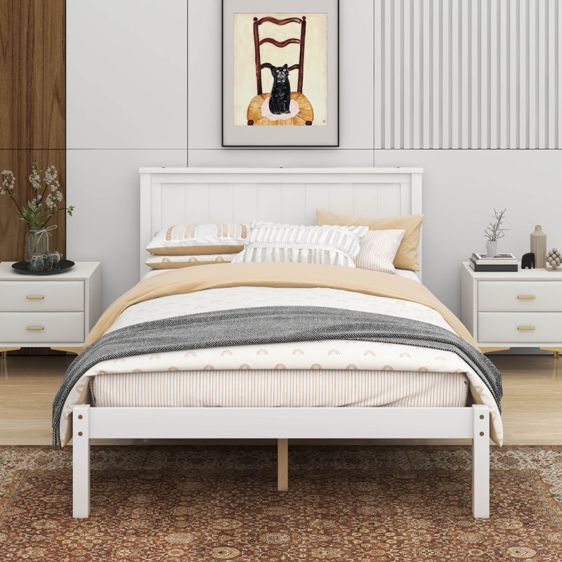 Base de lit plateforme avec tête de lit, Lit double, Blanc
