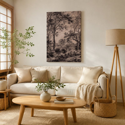 Antique Woodland Tree Sketch Canvas Wall Art, Neutral Vintage Forest Scene Wall Decor for Living Room Bedroom