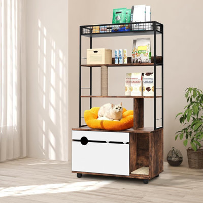 Enceinte de litière pour chat avec tablettes à 4 niveaux et poteau à griffer, grande armoire à litière cachée en bois 2-en-1 pour la plupart des bacs à litière