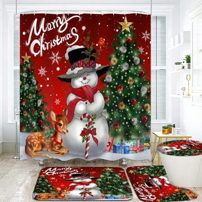 4Pc Whimsical-Nostalgic Snowman Bathroom Set - Shower Curtain + Bath Rugs - Festive Christmas Winter Decor