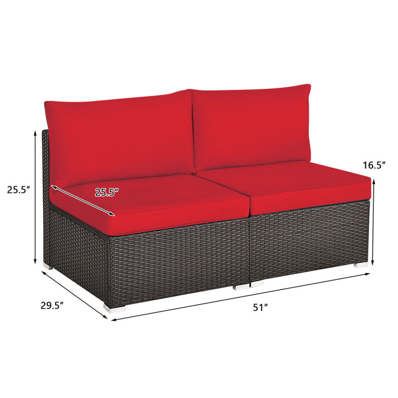 Canapé d'extérieur en osier de 51 po avec coussins Jeadon, Rouge