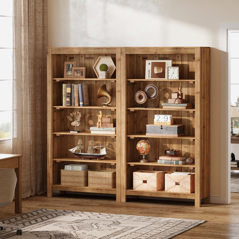 Rustic Solid Wood 5-Shelf Bookcase - Farmhouse Style Open Storage Shelving Unit For Living Room/Office, Brown