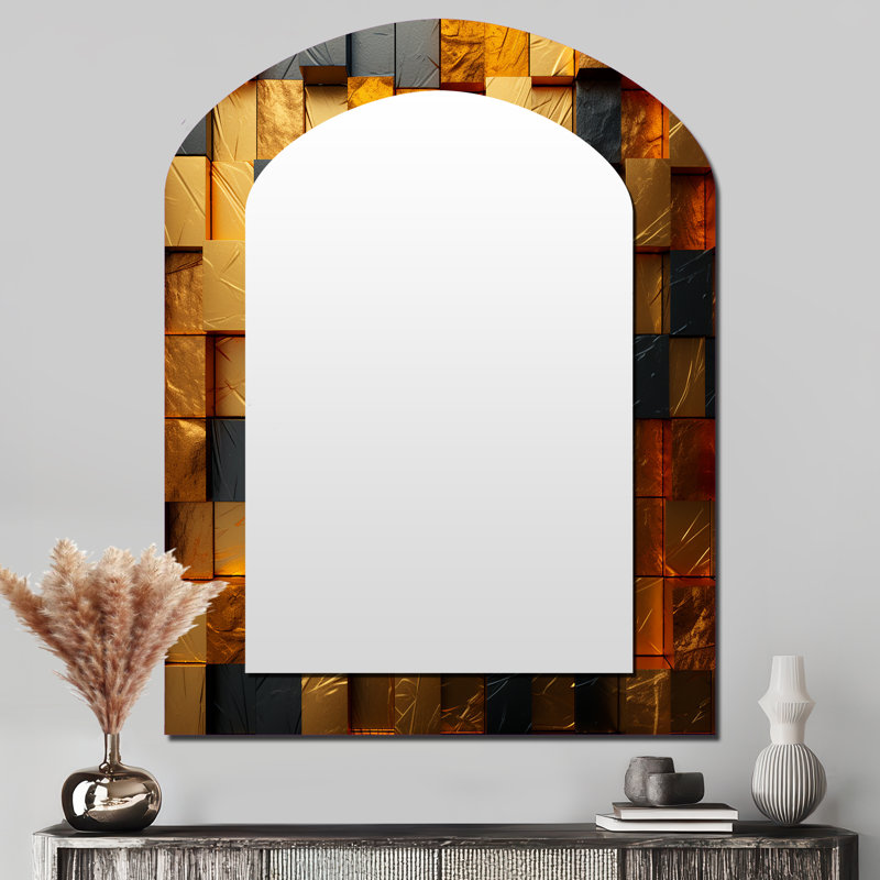 Abstrait géométrique abstrait de cubes de grunge IV - grand miroir asymétrique géométrique, décor de miroir mural unique arche moderne, impression sur métal