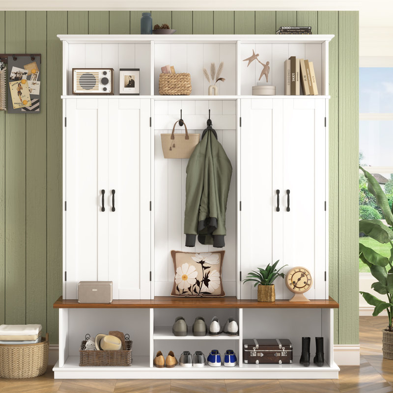 Mdf Modern Farmhouse Hall Tree With Storage Bench, White