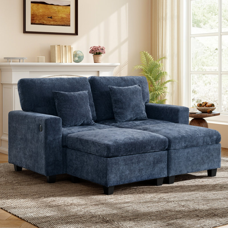 Canapé d'angle réversible en chenille en forme de U avec poufs amovibles et station de recharge, Bleu