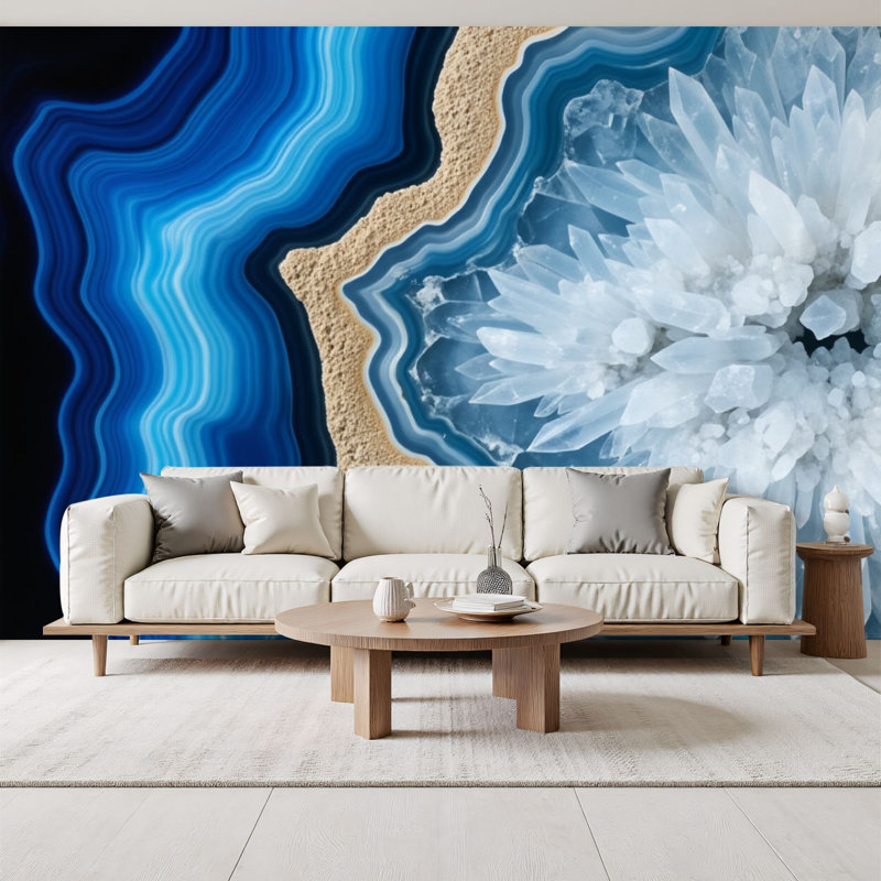 Papier peint auto-adhésif en agate bleue avec géode en cristal et couches abstraites au centre du quartz blanc