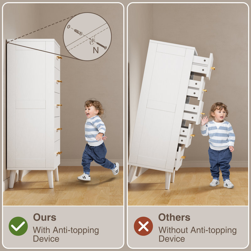 White 5-Drawer Dresser with Gold Handles and Deep Storage