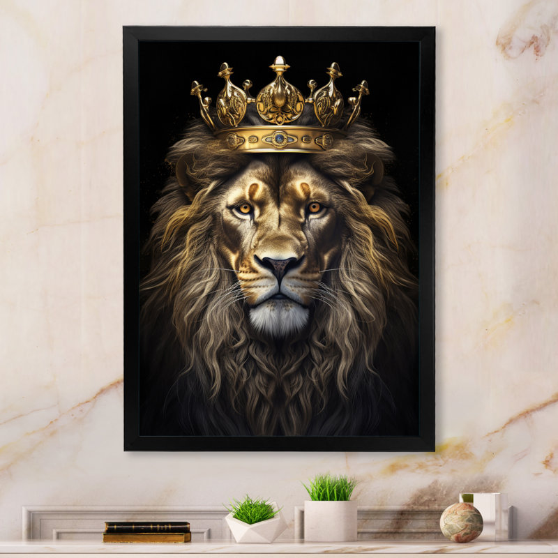 Majestic lion royal avec couronne d'or I - impressions sur toile de lion, Cadre simple noir, H 32 po x l 24 po x P 1 po