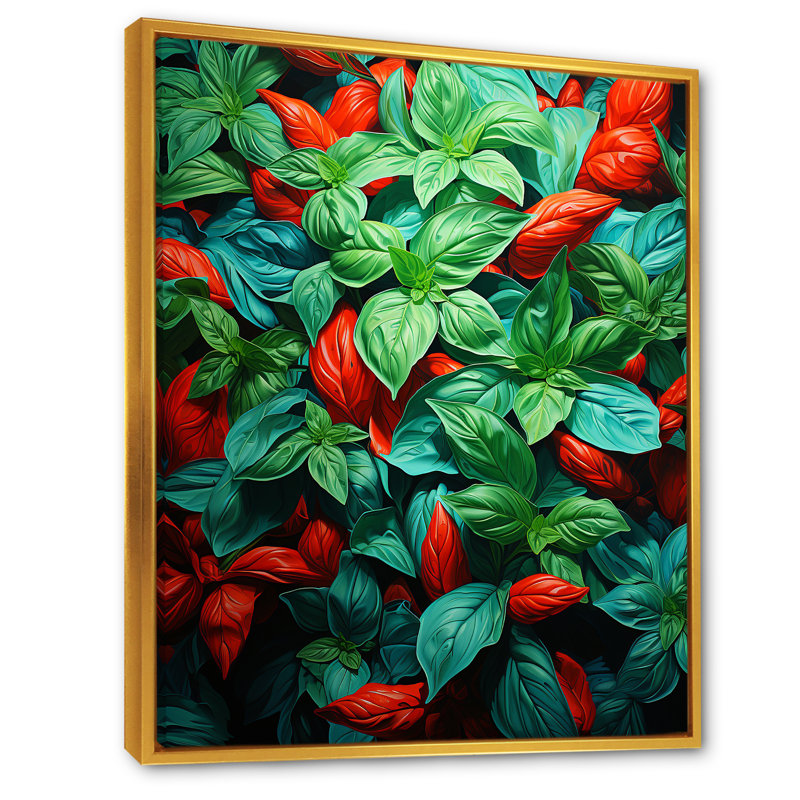 Herbes Basil Vibrance 1 - Art floral herbes murales, Cadre flottant doré, H 44 po x l 34 po