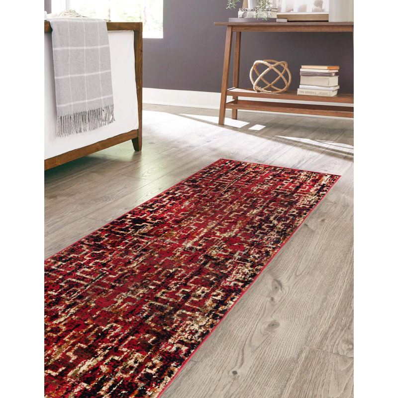 Tapis bordeaux à motif géométrique Knowle, Tapis de couloir 2 pi x 7 pi 1 po