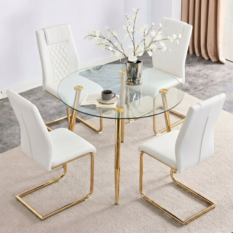 Olaitan Modern 5-Piece Round Tempered Glass Dining Set with Cantilever Chairs and Metal Chrome Legs, White, Gold