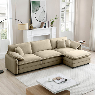 Canapé modulaire en L surdimensionné à 3 places avec repose-pieds, tissu velours côtelé brun clair pour plus de confort et de style