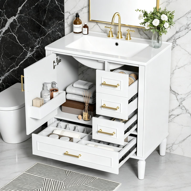 Meuble-lavabo de 30 pouces avec lavabo en céramique, porte à fermeture en douceur, tiroirs multiples et rangement spacieux pour les salles de bain modernes