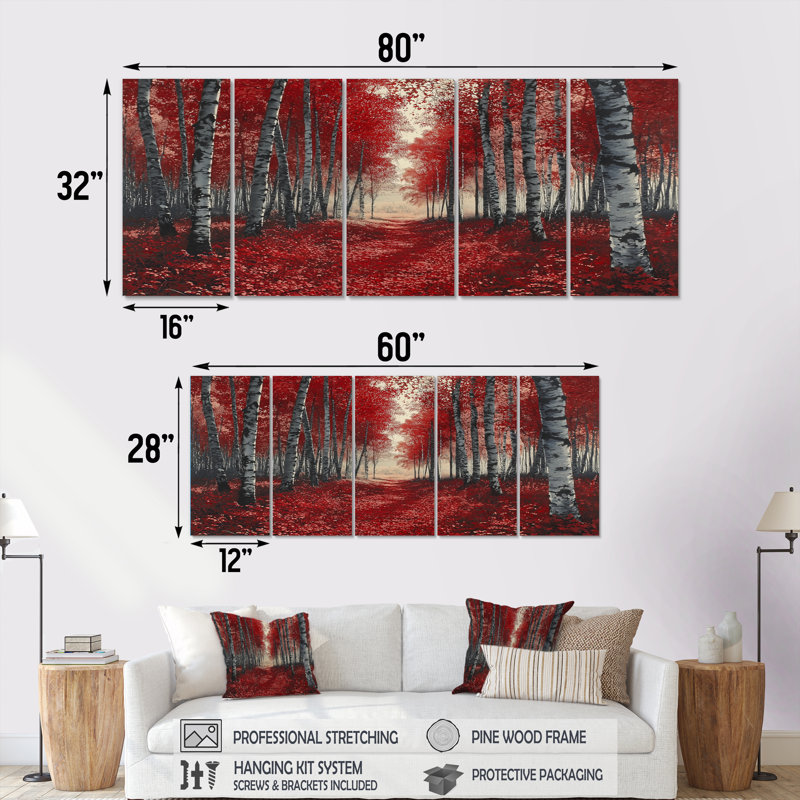 «Red Birch Trees Forest Path Panorama II», ensemble d'art sur toile, H 32 po x l 80 po