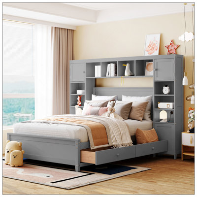 Lit double en bois avec armoire et tablette tout-en-un