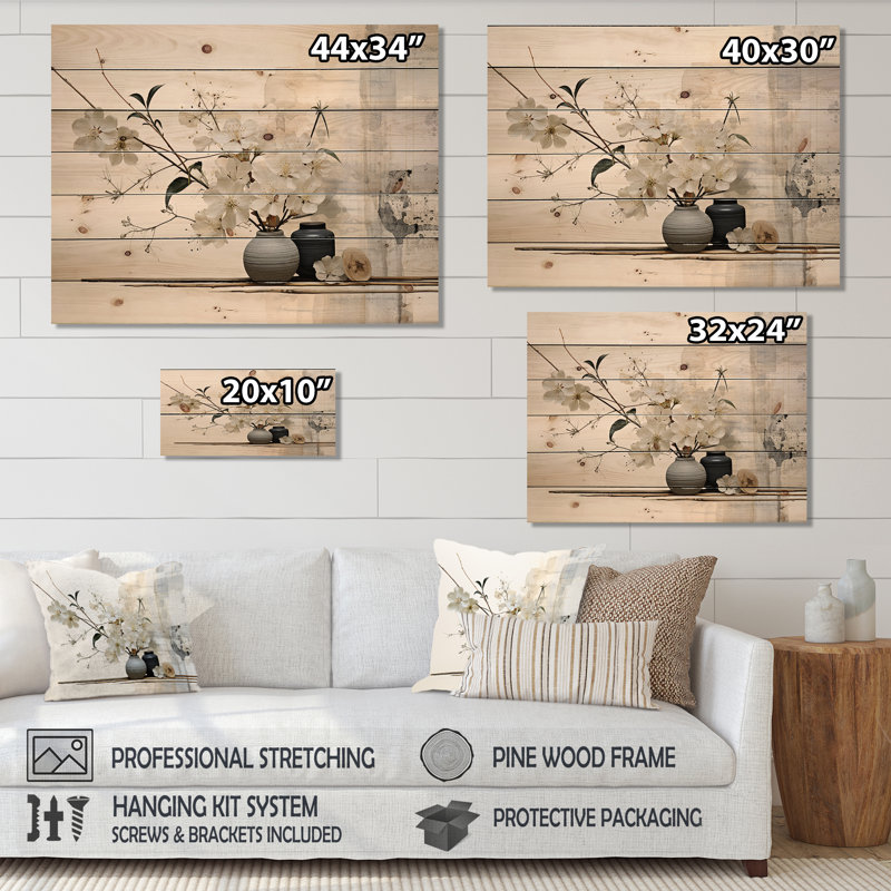 Art asiatique Sumie Zen II sur bois, H 10 po x l 20 po x P 0,78 po