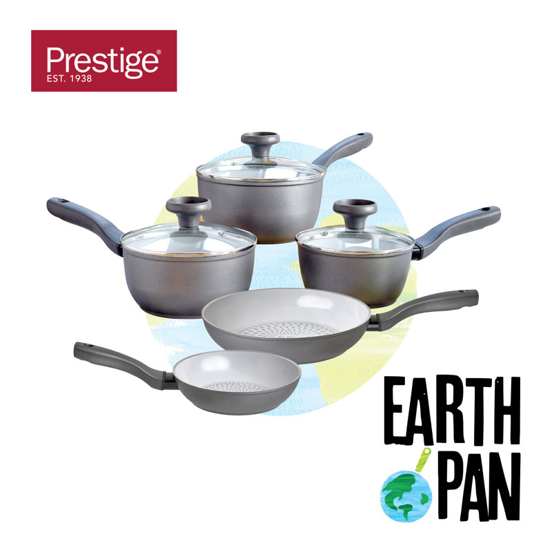 Earthpan Recycled induction Dishwasher Safe 5 Piece Saucepan and Frying Pan Set - 16,18,20cm Saucepans with Toughened Glass Lids and 20cm and 28cm Frying Pans