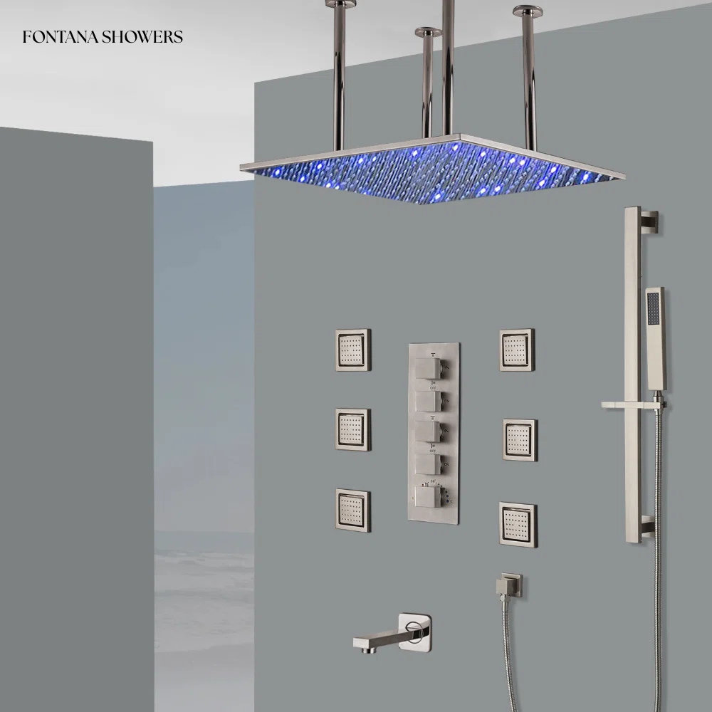 FontanaShowers Comiso 24 Inch Brushed Nickel Ceiling Mount LED Rain ...