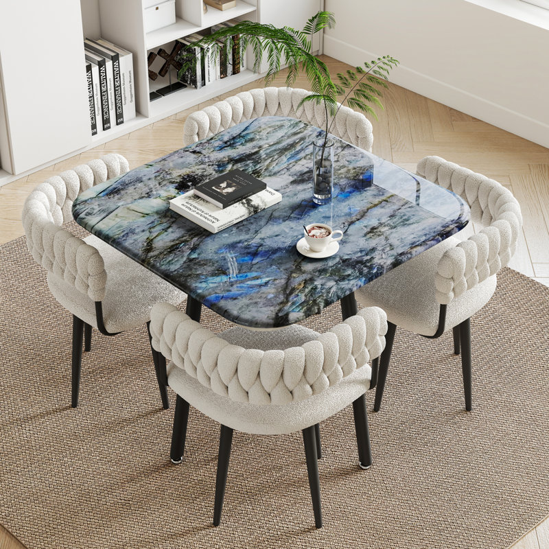 Ensemble de table de salle à manger carrée en pierre micro-cristalline avec 4 chaises, Bleu, Blanc