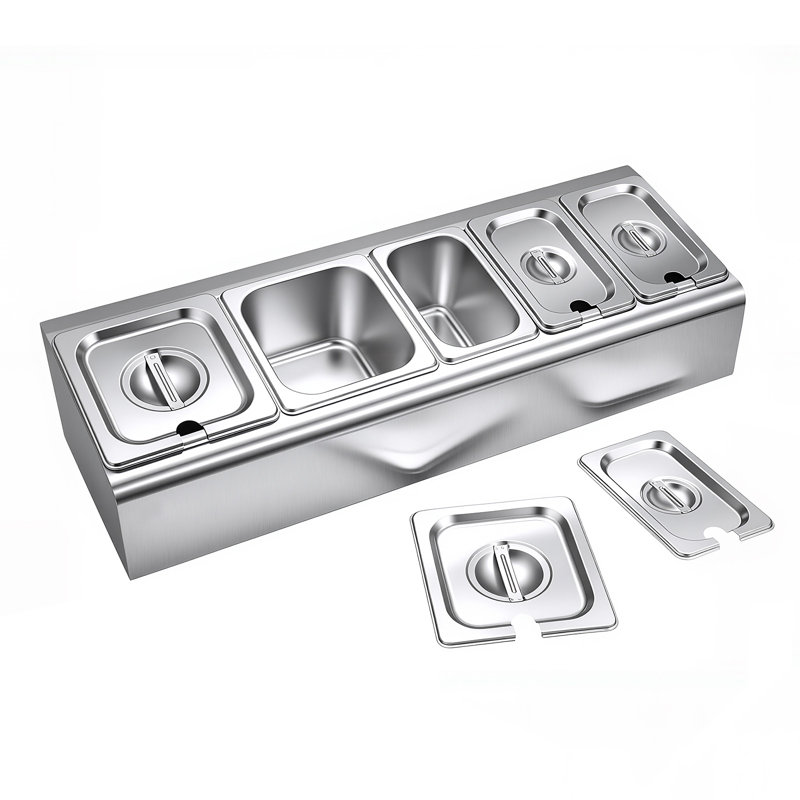 Contenant de présentation de comptoir, plateau de service à salade en acier inoxydable, distributeur de condiments de buffet, support refroidi à la glace avec couvercle séparé, pour la cuisine d'un hôtel-restaurant (2 x 1/6 + 3 x 1/9)