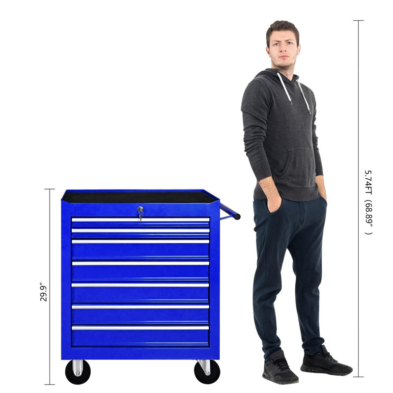 Coffre à outils, coffre à outils roulant 7 tiroirs avec système de verrouillage et plateau amovible, Bleu