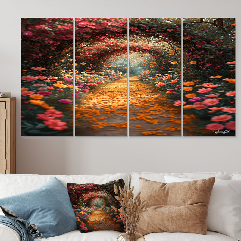 «Blossoming Pink Flowers», art mural pour le salon, 4 pièces, H 32 po x l 64 po