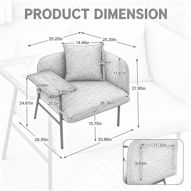 Fauteuil lounge moderne avec table d'appoint et poches de rangement, Tissu kaki