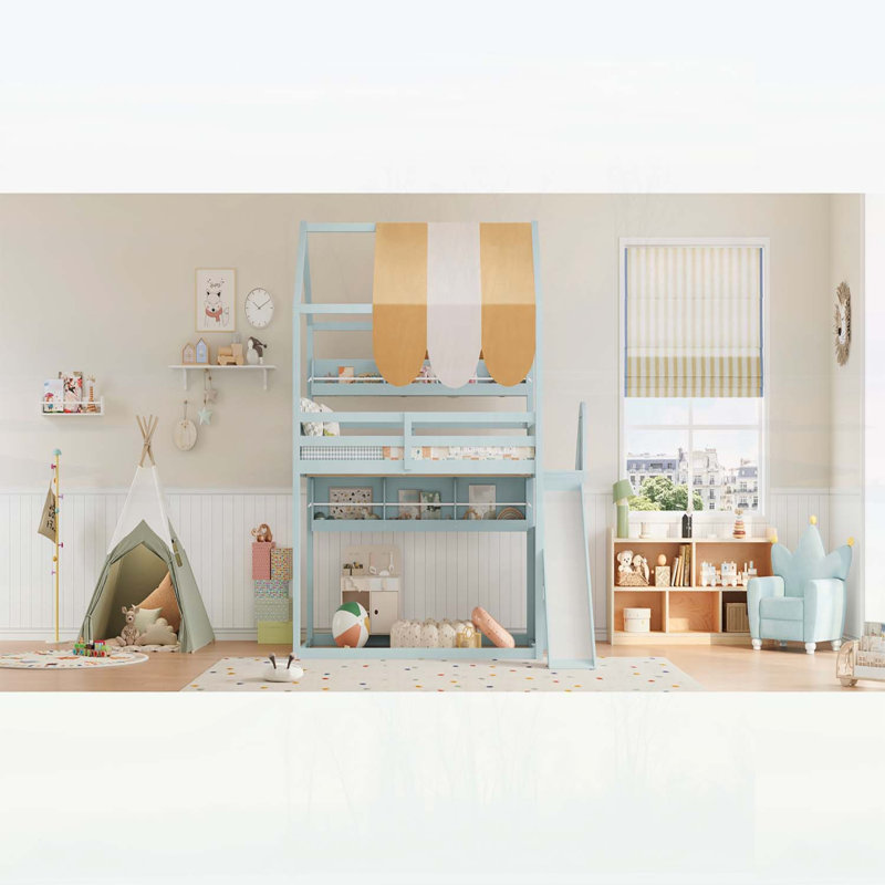 Lit superposé double avec baldaquin, glissoire et bibliothèque intégrée pour enfants et adolescents, vert clair, Light Green