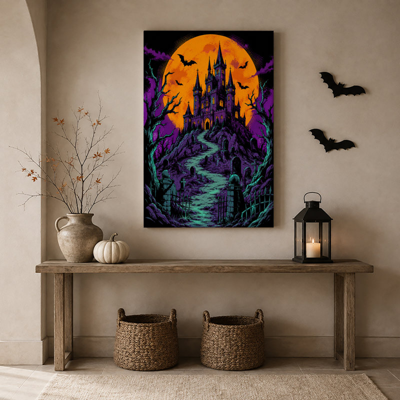 " Gothic Castle And Graveyard Under Orange Moon Halloween " Painting Print, H 36 po x l 24 po
