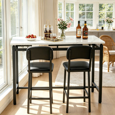 Dining Table Set 3-Piece Kitchen Table with 2 Chairs, Faux Marble Wood Top & Steel Frame Breakfast Bar Set, Space-Saving Pub Dinette for Small Apartments, Studios & Breakfast Nooks