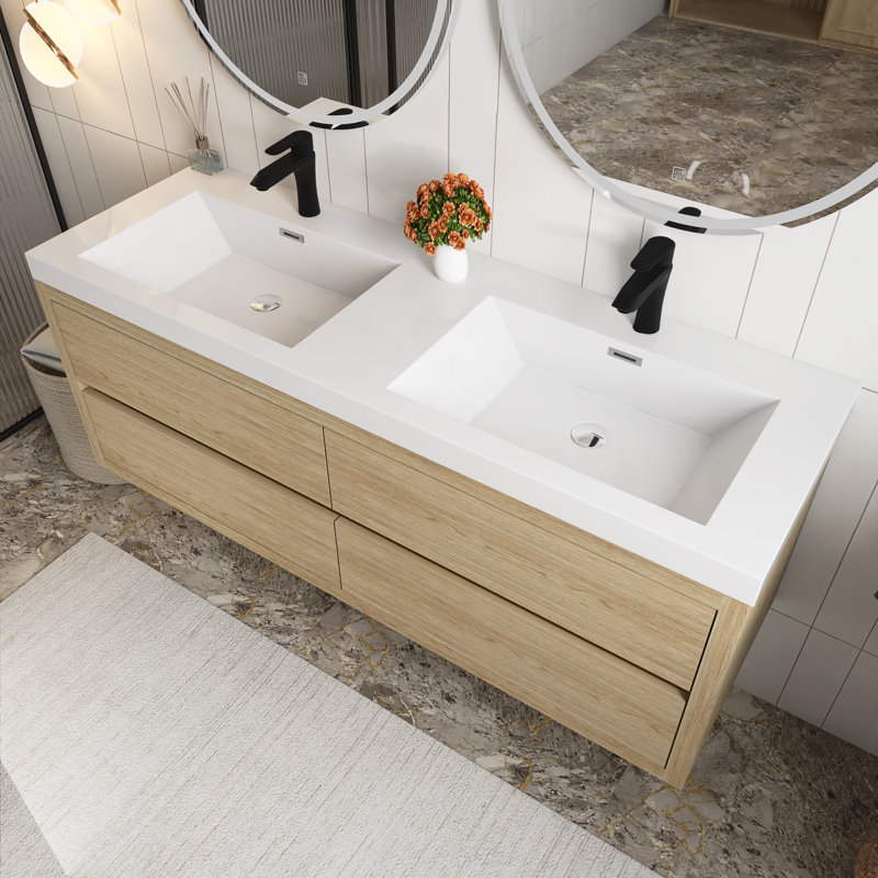 Meuble-lavabo mural 60 po avec lavabo, Bois de chêne naturel