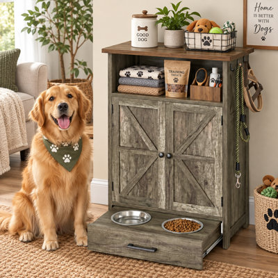 Station d'alimentation pour chien avec armoire de rangement, 2 bols surélevés, tiroir coulissant et 3 crochets latéraux.
