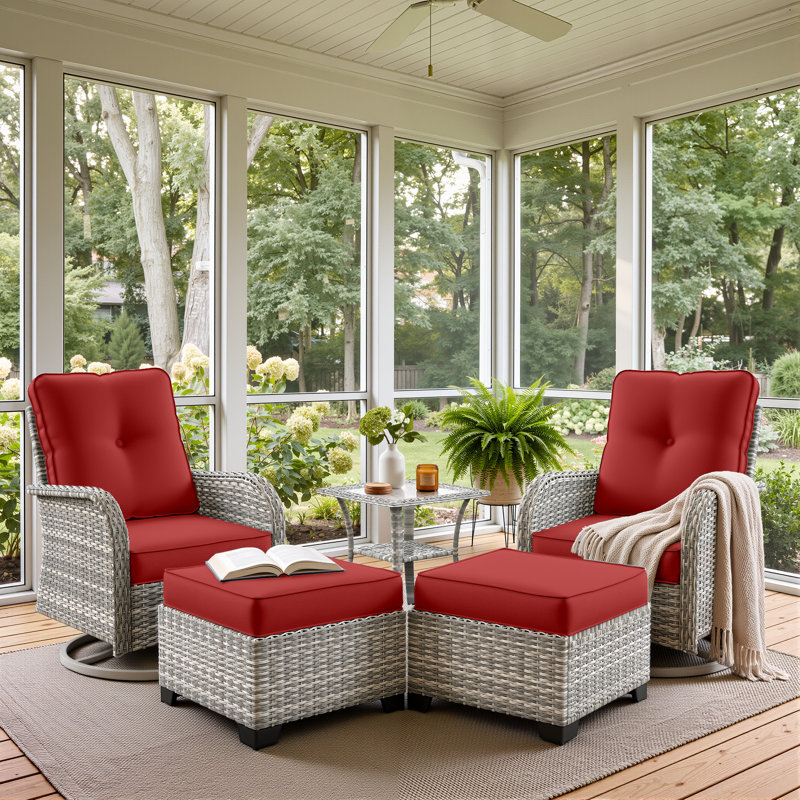 Ensemble de chaises pivotantes d'extérieur 5 pièces avec coussins, repose-pieds et table d'appoint, Rouge