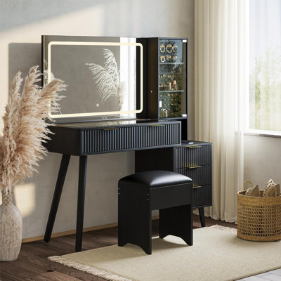 Bureau de coiffeuse avec miroir éclairé, coiffeuse en verre, tabouret de rangement rembourré, station de charge intégrée, chambre à coucher, noir