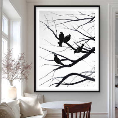 Silhouette d'oiseaux et de branches - reproduction encadrée monochrome