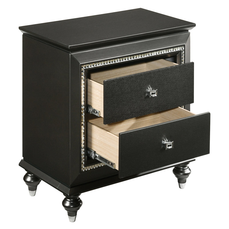 Table de chevet 2 gris métallique - Rangement de chambre à coucher élégant avec caractéristiques et ornement glamour à garniture scintillante