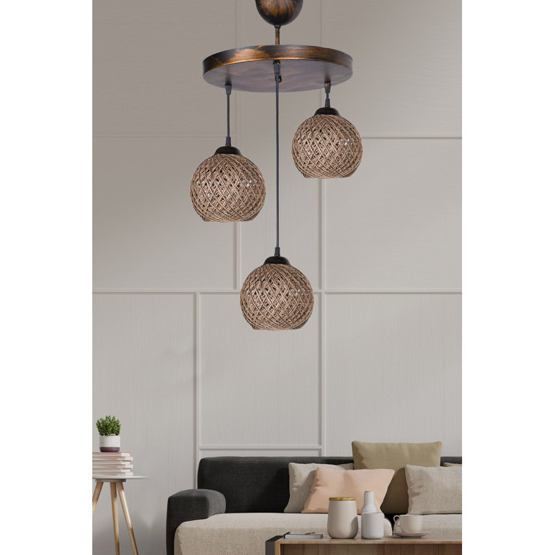 Scandinavian Style Chandelier, Brown & Vintage Colors, 12.6 in Diameter x 31.5 in Height | Metal Body with Cotton Cap, 3 x E27 Max 40W | Ideal for Country & Modern Décor, Elegant Lighting Fixture for Living Rooms & Dining Areas
