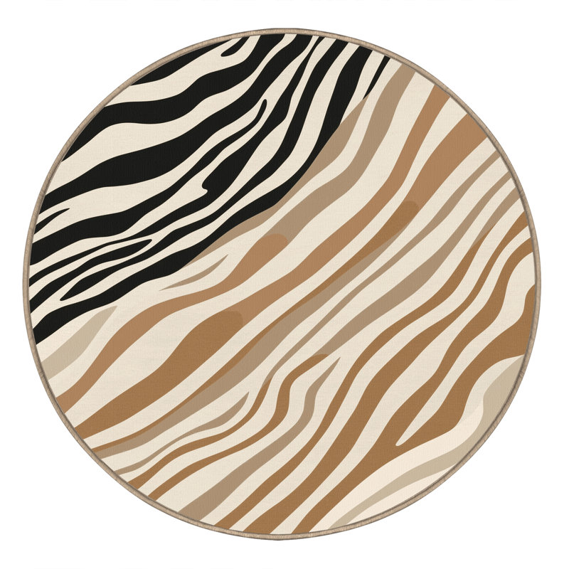 Machine Washable Pantelis Modern & Contemporary Striped Rug in Beige – Beige Binding, 5' Round