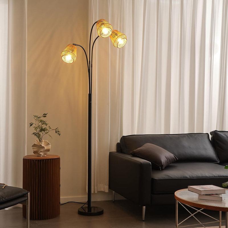 72" Rattan Arc Floor Lamp With Rotary Switch, Adjustable 3-Light Coastal/Boho/Farmhouse Style