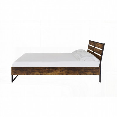 Queen Size Juvanth Rustic Oak &amp; Black Finish E. King Bed with No Box Spring Needed and Strong Support