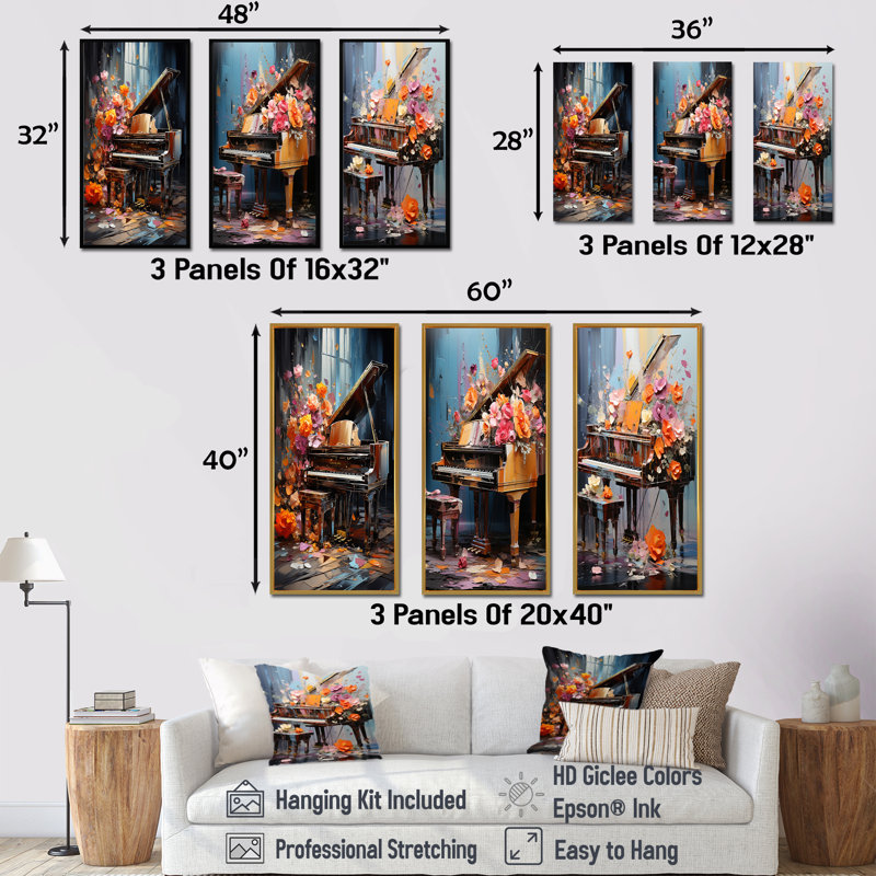 Floral Piano Magic Melody I - Music Piano, ensemble de 3 reproductions d'art mural, Cadre flottant blanc, H 28 po x l 36 po