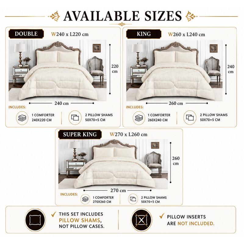 3 Piece Bridal Jacquard Bedspread Comforter Bed Throw with Matching Pillow Shams, Cream Floral