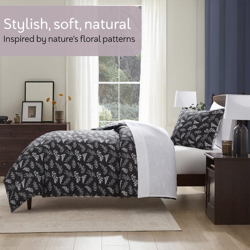 Nestl Botanical Bed in a Bag 5 piece Comforter Set with Sheets & Pillow Shams, Jet Black/Optical White